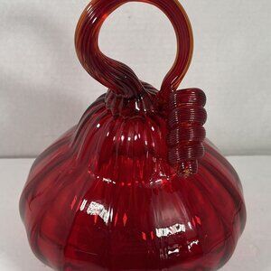 Vintage Large Blown Glass Fall Autumn Gourd Squash Pumpkin Ruby Red 10” X 8”